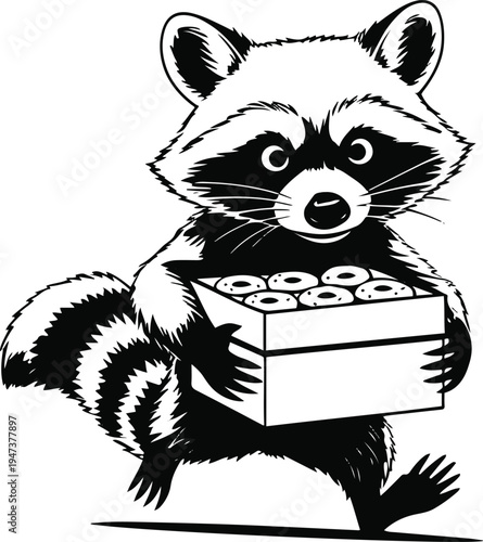 Raccoon thief sneaking away with box of donuts, clean minimal vector line art, bold thick black outline, simple shapes, isolated object, white background 2