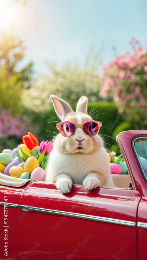 Fototapeta premium Easter rabbit in sunglasses driving red convertible, spring garden backdrop, colorful eggs in car, tulip flowers arrangement, festive holiday celebration, sunny outdoor scene
