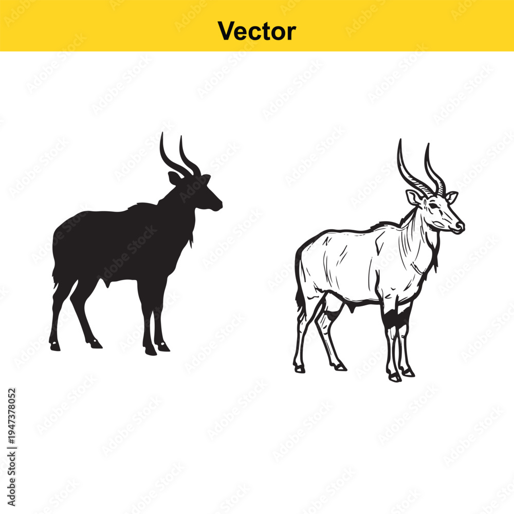 Obraz premium A black silhouette and a detailed line art sketch of a majestic eland standing in profile view