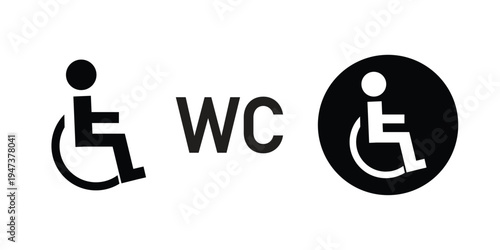 Wheelchair and WC restroom icon set. Accessibility and disabled toilet signs for public wayfinding. Vector black silhouette glyphs.