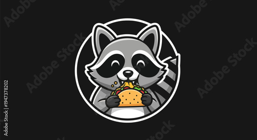Cartoon raccoon eating food on black background