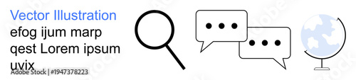 Communication tools, digital connectivity, research, messaging, online interaction, global reach. A magnifying glass, speech bubbles and a globe search and communication. Communication tools