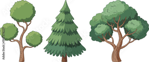 Cartoon forest tree set with pine and leafy trees isolated on background, nature woodland plant collection for landscape design and botanical illustration