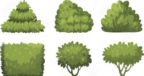 Cartoon green bush and shrub collection isolated on background, garden foliage plants set for landscape design, park decoration and botanical nature illustration