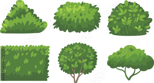 Cartoon green bush and shrub collection isolated on background, nature garden plant set for landscape design,