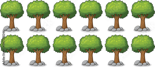Cartoon green tree collection with stones isolated on white background, flat vector forest tree set for nature landscape design, park environment illustration
