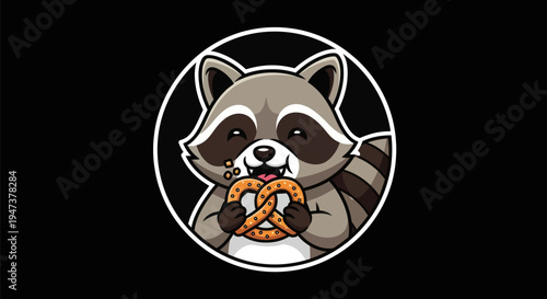 Cartoon raccoon eating pretzel isolated