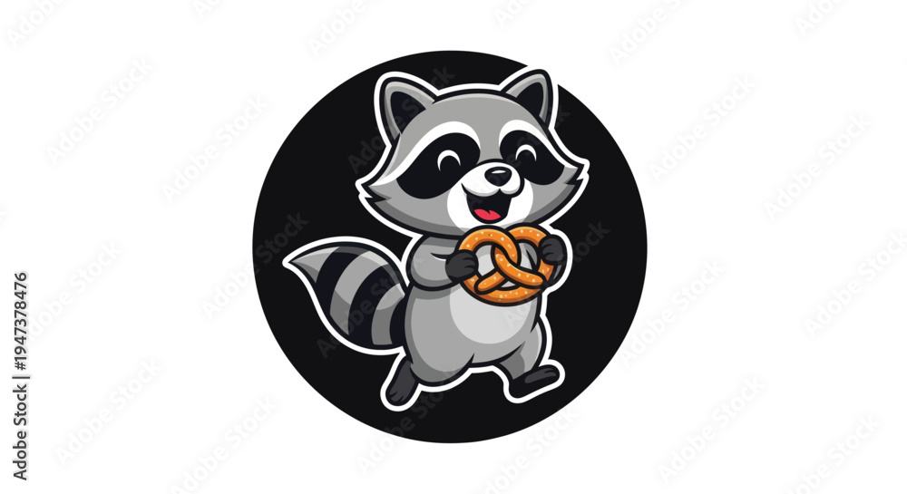 Obraz premium Cartoon raccoon holding pretzel illustration