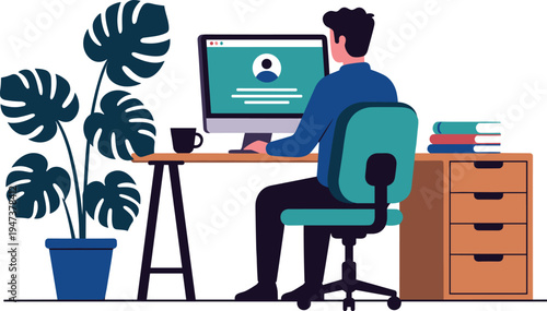 Man working on desktop computer at home office desk with plants and books, modern remote work workspace flat vector illustration for freelance business concept