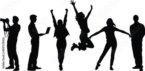 Silhouette collection of diverse people in dynamic poses including photography, laptop use, celebration, jumping, dancing, and standing, representing modern lifestyle activities and expressions.