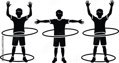 Silhouette illustration of children using hula hoops with different arm positions, representing exercise, fitness, play, physical education, and healthy lifestyle activities for kids.