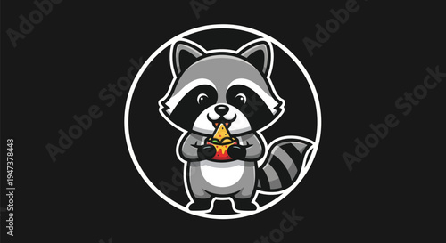 Cartoon raccoon holding food on black background