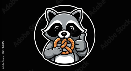 Cartoon raccoon holding pretzel illustration