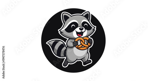 Cartoon raccoon holding pretzel illustration