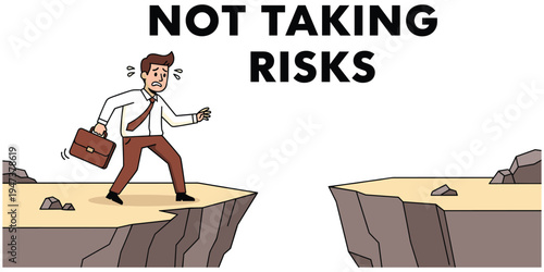 Businessman fear, risk avoidance, cliff edge, anxious professional, career challenge, opportunity gap, hesitation concept, corporate stress, motivational metaphor, flat vector illustration
