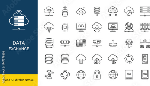 Cloud computing and data exchange line icon set for network storage, server technology, and digital hosting services