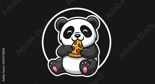Cartoon panda eating pizza on black background