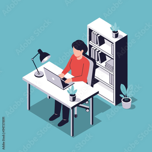 Isometric illustration of a person working on a laptop at a desk in an office setting.