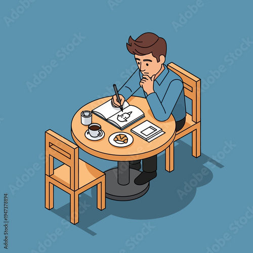 A man sketching in a cafe, contemplating his drawing with a thoughtful expression.