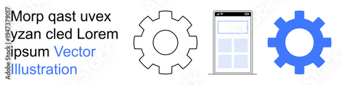 Technology, app development, user interface, machinery concepts, teamwork, automation. Two gear symbols flank a smartphone-thumbs up layout. Technology and app development are prominent