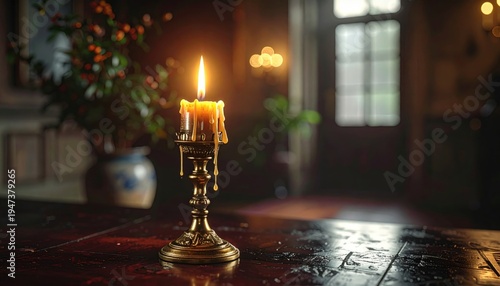 Antique brass candlestick holder with burning candle casting warm glow in dimly lit room