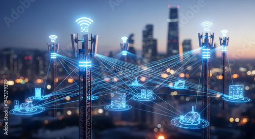 5G Technology Network: A cutting-edge representation of 5G technology, illuminating the urban skyline with a web of connectivity and innovation.