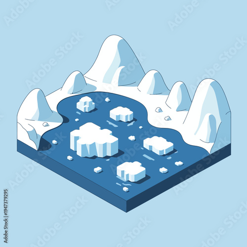 Isometric illustration of an arctic landscape with icebergs floating in the ocean.