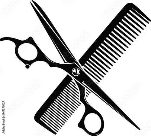 Professional barber shop tools vector illustration of crossed scissors and hair comb isolated on white background for salon branding hairdressing services and beauty logo