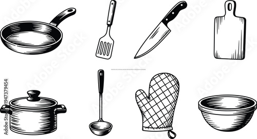 Vintage kitchen utensils set with frying pan spatula knife cutting board pot ladle oven mitt bowl hand drawn vector illustration