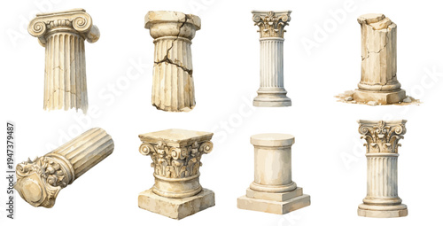 A watercolor set of roman columns for classical architecture designs, ancient temple illustrations, historical decor, and antique stone column artwork.