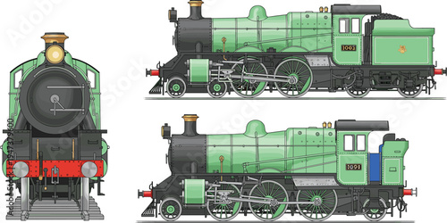Vintage steam locomotive train illustration showing front and side views classic railway engine transport machine detailed historical rail transport vehicle