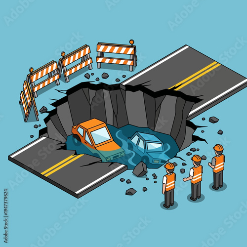 Isometric illustration of a road collapse with vehicles submerged in water and workers observing.