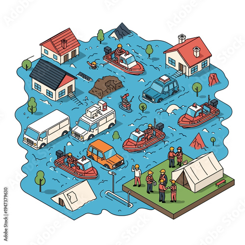 Isometric illustration of a flooded town with rescue boats, vehicles, and people.