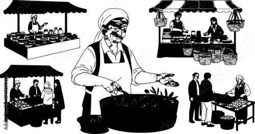 Candid local artisan at Mediterranean street market selling fresh organic olives