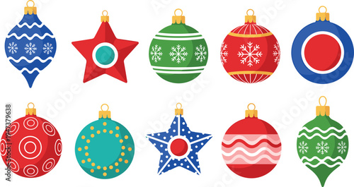 Colorful Christmas ornaments collection with decorative baubles stars and snowflake patterns festive holiday decoration vector illustration set for winter celebrations