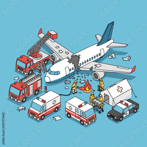 An illustration depicting an airplane crash scene with emergency response vehicles and personnel.