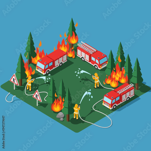Isometric illustration of firefighters battling a forest fire with fire trucks and trees.
