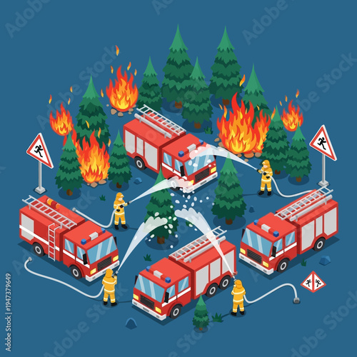 Isometric illustration of firefighters battling a forest fire with fire trucks and water hoses.