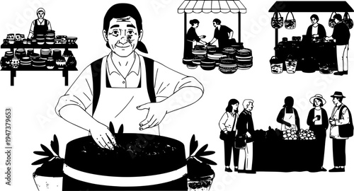 Candid local artisan at Mediterranean street market selling fresh organic olives