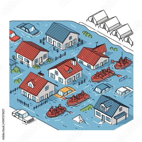 Illustration depicting a flooded neighborhood with houses, cars, and rescue boats during a disaster.