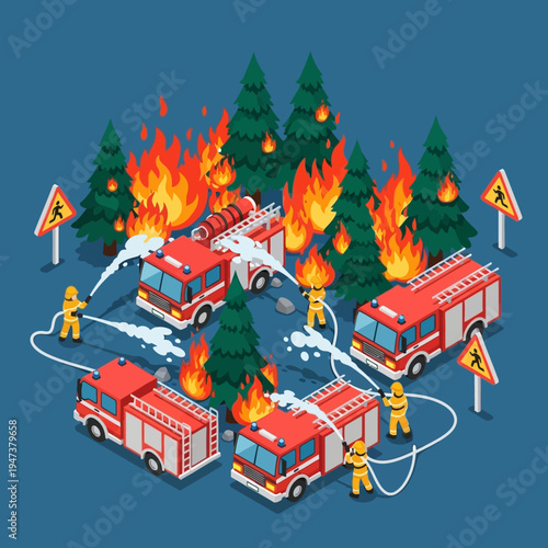 Isometric illustration of firefighters battling a raging forest fire with fire trucks and hoses.