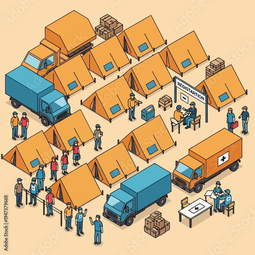 Isometric illustration of a disaster relief camp with tents, trucks, and people.