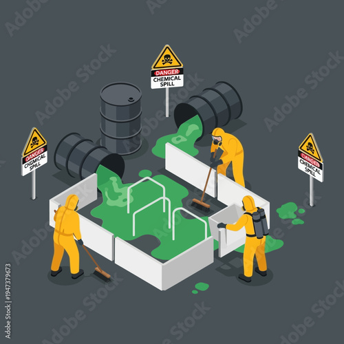 Hazardous chemical spill containment and cleanup operation with protective gear and warning signs.