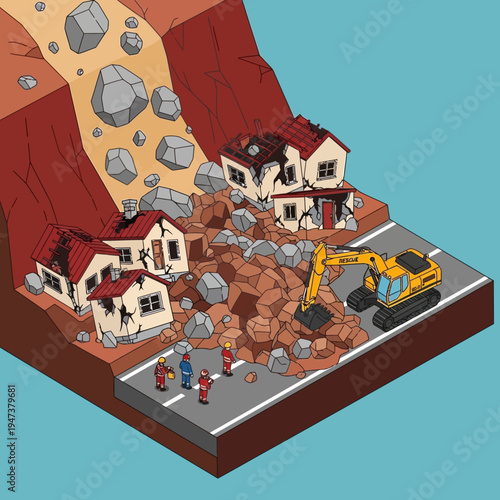 An illustration depicting a landslide destroying houses and an excavator clearing debris.
