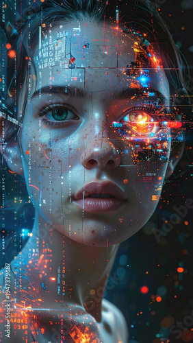 Human Face Surrounded by Floating Digital Data Particles