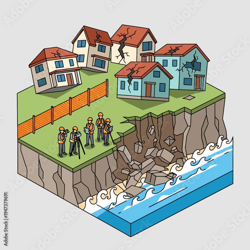 Illustration of houses damaged by a landslide, with surveyors assessing the situation.