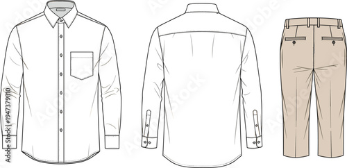 Men's formal white dress shirt and tan trousers vector illustration technical flat sketch.