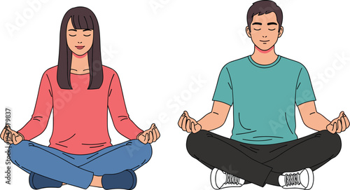 Man and Woman Meditating in Lotus Pose Minimal Vector Illustration for Wellness and Mental Health