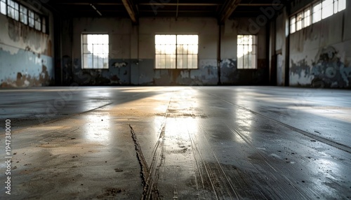 Sunlight streams across a grimy, abandoned industrial warehouse concrete floor