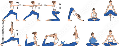 Flat vector illustration set of a brunette woman practicing various yoga poses including warrior, downward dog, plank, and meditation for wellness and fitness design.
